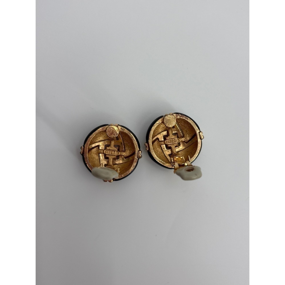 B46 Ciner Vintage Signed Black & Gold Clip On Earrings Rhinestone Knot Enamel - Picture 5 of 6